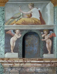 Sala delle Prospettive Hall of Perspective detalj av trompe loeil nisch som visar gudinnan Juno med en påfågel, fresk 1518-19