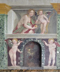 The Hall of Prospective Hall of Prospective detalj av trompe loeil nisch föreställande Venus och Amor, fresk 1518-19