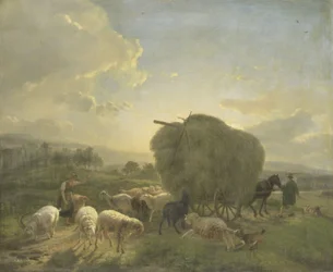 Landskap med får och en hövagn