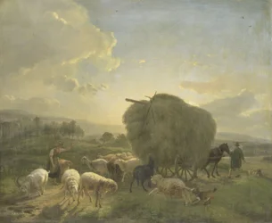 Landskap med får och en hövagn