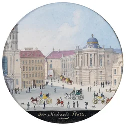 St. Michael-torget i Wien - Balthasar Wigand (1770-1846). Akvarell på papper, ca 1835. Mått : D 7 cm. Privat samling