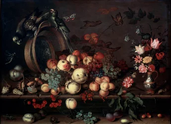 Stilleben med frukter, blommor och papegojor, 1620-talet