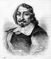 Samuel de Champlain, fransk upptäcktsresande och kolonisatör (v. 1567-1635). Kolonisatör av Kanada. Gravyr från 1830 efter ett allvarligt porträtt av Moncornet.