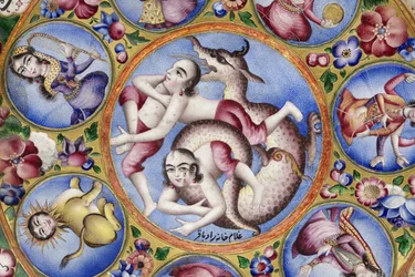 Skål med lock, fat och sked med astrologisk dekoration, tidigt 1800-tal