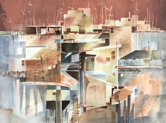 Abstrakt Pueblo, ca 1980-90 (akvarell på papper)