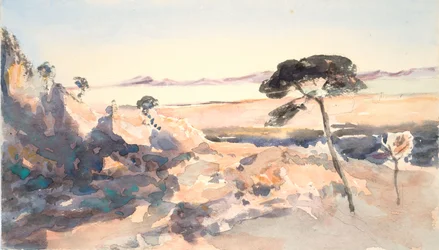 Landskap: Träd med rosa berg (akvarell och grafit på vävt papper)