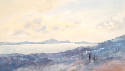 Landskap med blå tvätt (akvarell och grafit på vävt papper)