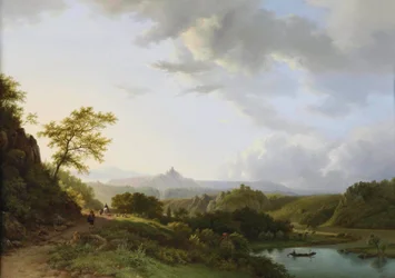 Ett sommarlandskap med panoramautsikt över resenärer och en slottsruin i fjärran