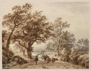 Ett landskap med tät ekskog, befolkat med boskap och figurer