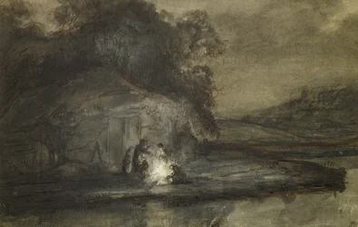 Nattlandskap med en flod och herdar (penna- och bläcktvätt med kroppsfärg på papper)