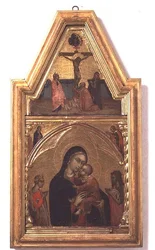 Madonna och barn med Johannes Döparen och Katarina, med korsfästelsescen ovanför