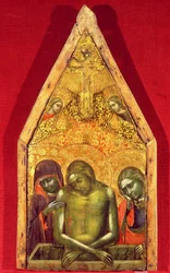 Pieta tempera på panel med applicerad textil