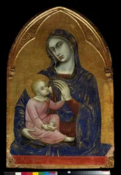 Jungfrun och Mariabarnet ammar Jesus Kristus som har ett halsband av korall. Målning på trä av Barnaba da Modena (känd från 1361 till 1383) Dim. 1,09x0,72 m Paris, Louvren.