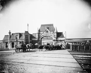 Union Stock Yards gate på Exchange Avenue, Chicago, Illinois, USA, ca 1905 (s/v foto)