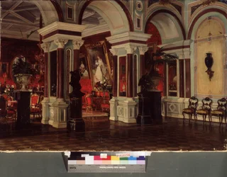 Salong. Beskrivning av arkitekturen och utsmyckningen (möbler, målning). Målning av Ernest Karlovich Liphart (1847-1932), olja på duk