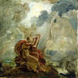 Ossian besvärjer andarna med sin harpa på stranden av floden Lora, ca 1811 (se 146776)