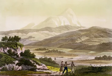Mount Cayambe, Ecuador, från "Le Costume Ancien et Moderne", volym II, tavla 3, av Jules Ferrario, graverad av Paolo Fumagalli, publicerad på 1820-30-talen.
