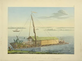 Flotte på floden Guayaquil, tecknad av Marchais, graverad av Bouquet, illustration ur «Vues des Cordillères et Monumens des Peuples Indigènes de l