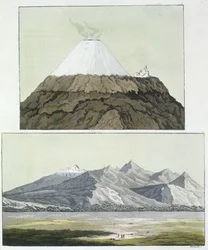 Cotopaxis topp (överst) och Cotopaxis utbrott, 1803 (nederst), ur 