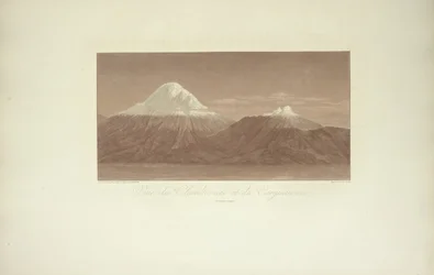 Vy över Chimborazo och Carguairazo, tecknad av Gmelin, graverad av Arnold, illustration från "Views of the Cordilleras and Monuments of the Native Peoples of America" ​​av Alexander von Humboldt och Aime Bonpland, 1813
