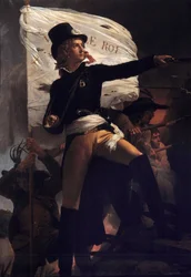 Porträtt en pied av Henri Duverger, Comte de La Rochejaquelein (eller Orchard de La Rochejacquelein) (1772-1794) general säljs med flaggan live le roi”” (på bröstet Vendeernas insignier)”” (Vendees krig) Målning av Pierre Narcisse (Pierre-Narcisse) G