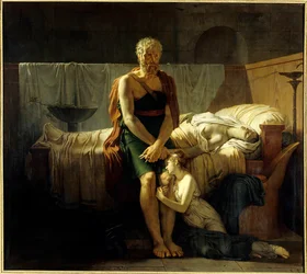 Marcus Sextus återkomst, Marcus Sextus (fiktiv gestalt), som undkom Sullas proskriptioner, finner vid sin återkomst sin dotter i tårar intill sin döda hustru - Målning av Pierre Narcisse (Pierre-Narcisse) Guérin (1774-1833), 1799, mått 2,17 x 2,43 m, Paris