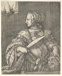 Judith, halvlång och i profil till vänster, ett svärd i höger hand och huvudet på Holo....
