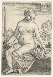 Judith, sittande naken med ett svärd i sin högra hand, stirrade ner på huvudet av Holofernes ..., 1523.