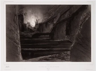 Utsikt tagen i gruvorna i Wieliczka, Polen, 20 mars 1840, graverad av Sabatier (tonad litho)