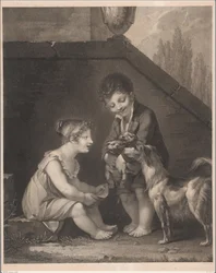 Två barn med hundar Åh, les jolis petits chiens