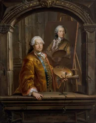 Porträtt av Georges Desmarées vid sitt staffli och målar ett porträtt av Johann Christian Thomas Winck