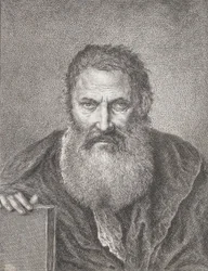 Porträtt av en skäggig man som håller i en bok, ca. 1750-1815.