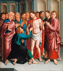 ""The Incredulity of St. Thomas"" Målning av Bartholomaeus (Barthel) Bruyn säger den förra (1493-1555), - Olja på trä Dim 62x56 cm Staatliche Museen, Berlin
