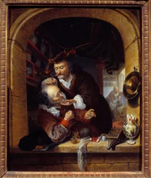 Medicin: "" en läkare gör en liten blödning för att behandla sin patients huvudvärk"" Målning av Bartholomeus Maton (1643-1684) 1600-talets sön. 0,27x0,21 m Paris, Musee du Petite Palais