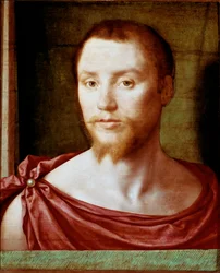 Porträtt av man med det antika röda mansansiktet med dubbelspetsat skägg (eller get), det är täckt med ett ländtyg. Målning på trä tillskriven Pseudo Felix Chretien (ca 1510-1579). ca 1535-1550 Dim. 48x39 cm Paris, musee du Louvren - Porträtt av en ma