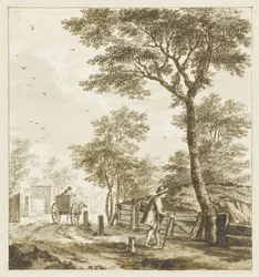 Landskap med figurer och häst och vagn
