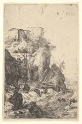 Kaskader nära Ponte della Trave, med byggnader på en klipphäll ovanför, från serien ..., 1639.