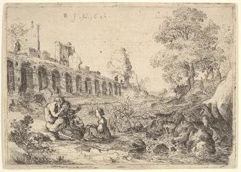 Korsika sittande framför satyrer på stranden av en flod, från ett par tallrikar för Battista Gu..., 1640.