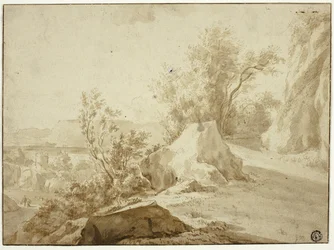Stenar och bergsväg, figurer och stad nedan