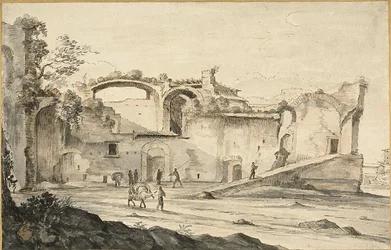 Resenärer inför en ruin