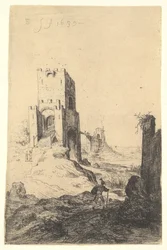 Utsikt över Ponte Mammolo, en bro i bakgrunden, ett torn med ramp i mitten..., 1639.