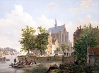Färja korsar en kanal i Haarlem
