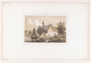 Stadsbild med flod och kyrka
