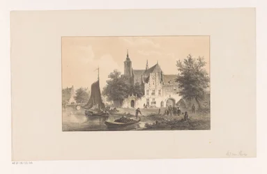 Stadsbild med flod och kyrka