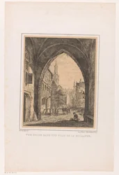 Stadsbild från under en grind Vue pris dans une ville de la Hollande (titel på objekt)
