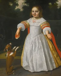 Porträtt av en flicka med brödkaka och en hund