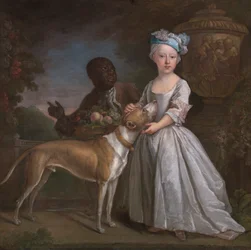 En ung flicka med en förslavad tjänare och en hund