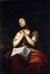 ""Marie Madeleine repentante"" (The Repentant Mary Magdalene) Målning av Bartolome Esteban Murillo (1617-1682) - vers 1650 - Olja på duk Dim 20x15 cm Real Academia de Bellas Artes de San Fernando, Madrid
