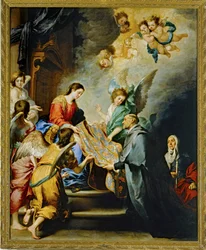 Jungfru Marias nedstigning för att belöna skrivandet av Saint Ildefonso av Toledo ... (målning på duk)