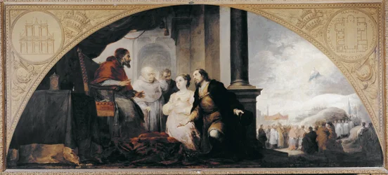 Grunden till basilikan St. Mary Maggiore. Patriciern Johannes och hans hustru avslöjade för påven Libere (Liberius) av Rom (påven 352-366) tillsammans med två kyrkliga deras dröm. Målning av Bartholomew Stephen Murillo (1617-1682).
